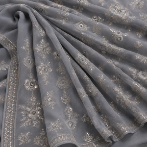 Grey Embroidered Organza Sari <b>Fabric</b> With <b>Sequin</b> Details For Women Party Wear Designer Garments Bridal Wear - Product Image 2
