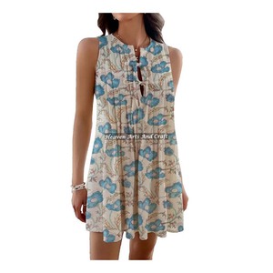 Bohemian Hippie Style Dress Hand-Block Printed Cotton Floral Top Tunic Casual Tank Short Dress Sleeveless Knitted Fabric - Product Image 5