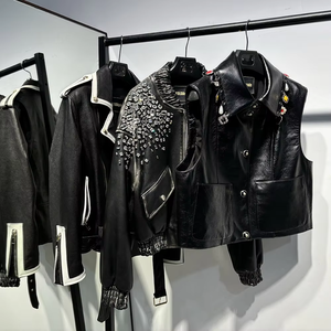 Chaleco de Cuero Genuino de Piel de Oveja 2026 para Mujer, Chaleco de Motocicleta de Cuero Brillante con Cristales, Chaleco de Cuero de Lujo - Product Image 5