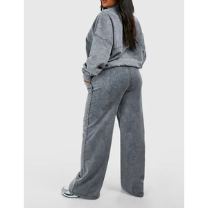 Cotton Blend Comfortable Everyday Clothing Acid Wash Tracksuits Lounge Fashion Custom Branding Jacket & Wide Leg <b>Trousers</b> Set - Product Image 2