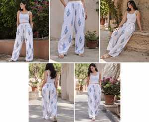 Trending Ladies <b>White</b> Blue Floral <b>Print</b> Cotton Trousers High Waist Loose Fit Wide Leg <b>Palazzo</b> Pants Summer Casual Loungewear - Product Image 5