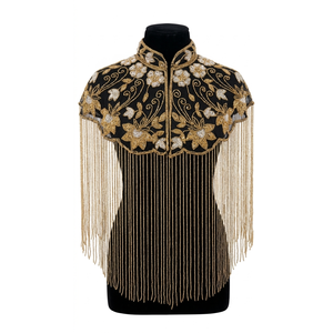 Elegante Capa Vintage Negra Bordada con Flecos Largos para Fiestas, Bodas y Eventos Nocturnos - Product Image 2