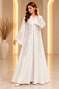 ALRESHA Women's White Lace Dantel Breathable Maxi <b>Abaya</b> High Neck Long Sleeve Loose Fit Modest Islamic <b>Prayer</b> UAE Wholesale - Product Image 3