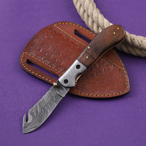 Couteau pliant en acier Damas, lame à dépecer, manche en bois de rose, étui en cuir, couteau de poche EDC pour la chasse et le camping, personnalisable OEM/ODM - Product Image 1