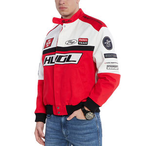 Wholesale Streetwear Vintage Red <b>White</b> Color Block Racing <b>Jacket</b> Unisex Cotton Canvas Motorbike <b>Biker</b> <b>Jacket</b> - Product Image 2