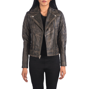 Chaqueta de Cuero Genuino Marrón Desgastado para Mujer, Estilo Biker, con Cremallera, Impermeable, Mangas Acolchadas, Acabado Retro, Producción OEM ODM - Product Image 3