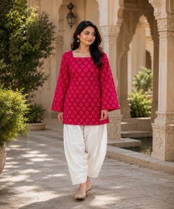 FANCY COTTON BANDHEJ PRINT WORK <b>TOP</b> PATIYALA SET MODERN SALWAR KAMEEZ EID SPECIAL PARTY PINK FLOOR-LENGTH SET LW-9341 85251 - Product Image 1