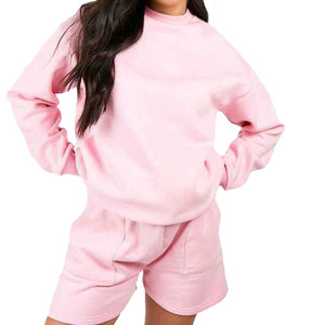 Women's Pink Fleece 2 Piece Shorts Set Crew Neck <b>Long</b> <b>Sleeve</b> Casual Loose Fit Solid Color Breathable Knitted <b>Top</b> And Above Knee - Product Image 1