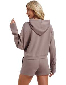 Ensemble 2 pièces streetwear pour femme : sweat à capuche et short, 100 % coton molletonné respirant anti-boulochage, col montant, coupe classique, toutes tailles - Product Image 2