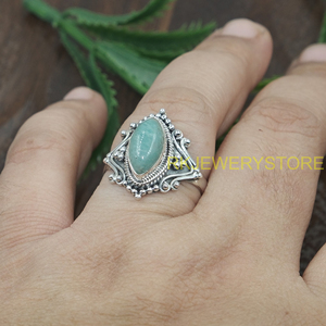 แหวนเงินแท้ 925 วินเทจ ประดับพลอยอะมาโซไนต์ แหวนทำมือสไตล์โบโฮ แหวนประดับพลอยทรงมาร์คีส์ งานฝีมือช่างประดิษฐ์ เหมาะสำหรับเป็นของขวัญ - Product Image 4