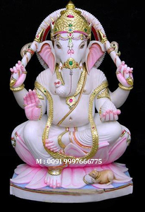 Beautiful Pure Makrana White Marble <b>Religious</b> Lord Ganesh Sitting On Singhasan <b>Statue</b> For Wholesale And Export - Product Image 3