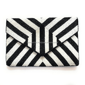Handmade Black White Beaded Foldable Clutch Purse Women Durable Magnetic Closure Evening <b>Bag</b> Coin Purse Stripe Pattern Party - Product Image 2