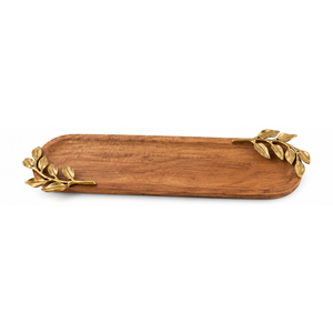 Plateau de service en bois luxueux fait main avec poignées en feuille d'or antique, plateau décoratif classique en bois de manguier pour table basse - Product Image 1