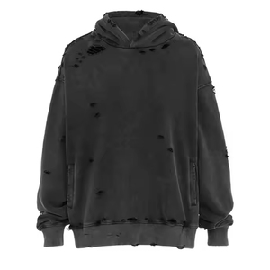 เสื้อฮู้ดดี้ผ้าคอตตอนผสม ขายดี MOQ ต่ำ ดีไซน์ขาดๆ แบบพรีเมียม คุณภาพเยี่ยม ลุคเท่ๆ สไตล์สตรีทแวร์ - Product Image 1