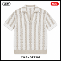 Polo en tricot pour homme, style rétro preppy nautique, à rayures verticales ajourées, manches courtes