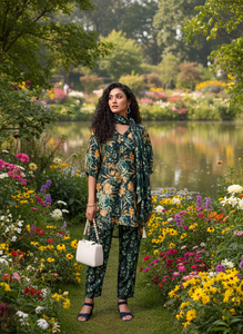 Ensemble coordonné élégant à imprimé floral pour femme, kurta et pantalon asymétriques ethniques contemporains, avec foulard assorti, idéal pour les fêtes, en polyester - Product Image 6