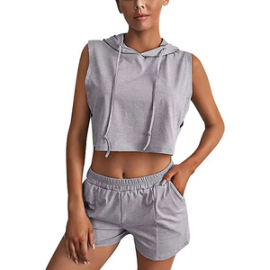 Ensemble crop top sans manches et short pour femme, ensemble de sport en coton mélangé, tenue de sport 2 pièces pour le Pilates. - Product Image 4