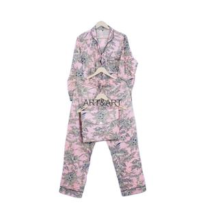 Conjunto de Pijama Informal y Sexy de Estilo Indio, Estampado a Mano, 100% Algodón Tejido con Diseño Floral, Transpirable, Tallas Grandes Disponibles - Product Image 1