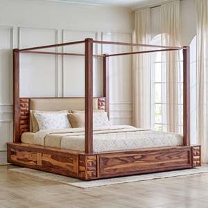 Solid Wood King Canopy <b>Bed</b> Teak Upholstered Headboard Traditional Design Four Poster <b>Frame</b> - Product Image 1