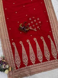 Blooming Vichitra Traditional Wedding Silk Embroidered <b>Saree</b> Dori Sequins Work Elegant Designer <b>Red</b> Blouse Wrinkle Free Quick - Product Image 1