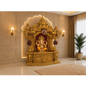 Temple en teck sculpté à la main style Mayur, finition dorée, grand motif paon, pour la maison et la salle de prière, pour les maisons américaines. - Product Image 1
