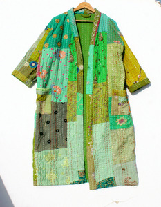 Bata de dormir informal de longitud completa para mujer, verde, con patchwork, manga corta, bordado a mano, de algodón y fibra de bambú - Product Image 1