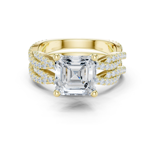 Anillo de diamante de laboratorio con corte Asscher de cuatro puntas en oro amarillo macizo de 14K con banda retorcida para fiestas y aniversarios. - Product Image 1