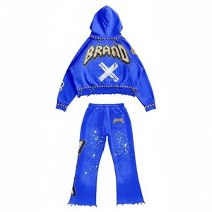 Conjunto de Dos Piezas de Chándal Azul Rey Y2K con Logotipo Personalizado para Hombre, Sudadera Corta con Estampado Vintage y Pantalones Acampanados de Forro Polar Grueso - Product Image 2