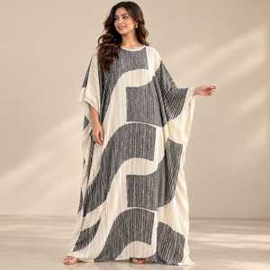 Colección de Vestidos Kaftan para Mujer, Vestido de Noche Negro con Lentejuelas Plateadas, Kaftan Maxi Estampado Abstracto en Color Crema Marfil, Corte Holgado - Product Image 2