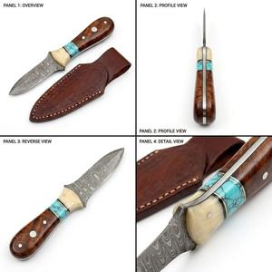 Couteau utilitaire d'extérieur en acier Damas forgé à la main avec manche en os et bois turquoise et étui en cuir cousu - Product Image 5