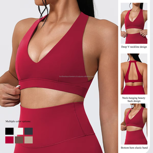Ensemble de vêtements de yoga pour femmes, soutien-gorge de sport à col en V profond, legging taille haute, couleur unie, spandex, polyester - Product Image 2