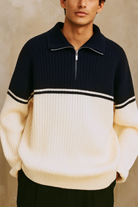 Cardigan côtelé crème pour homme, manches longues, col rabattu avec fermeture éclair 1/4, coupe classique, 100 % coton, idéal pour l'automne - Product Image 5