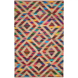 Tapis géométrique rectangulaire en jute fait main, style bohème, à poils ras, pour salon, nettoyage localisé - Product Image 5