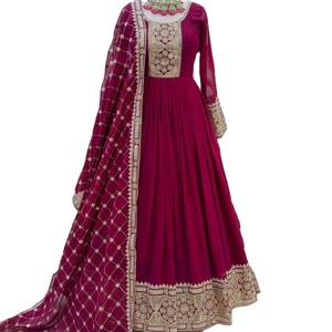 Robe longue en soie et lin pour femmes, design tendance 2024, marque haut de gamme, couleur vive, pièce unique, salwar à la mode, bordure en dentelle, travail au sol - Product Image 1