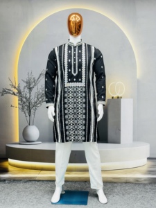 Kurta de Algodón Negro para Hombre con Bordado Blanco, Traje Tradicional Indio para Bodas, Largo hasta el Tobillo, Corte Regular - Product Image 4