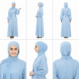 Comfortable Casual Anti-Wrinkle Muslim Modest <b>Maxi</b> Dress with Long Sleeves Satin Fabric Matching Hijab for Daily Use All Seasons - Product Image 5