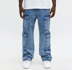 Pantalon cargo en denim délavé pour homme, coupe ample en coton mi-lourd, couleur unie, style décontracté, idéal pour le printemps - Product Image 1