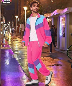 Men's Pink Color Blocking Tracksuit Full Sleeve Zipper Sporty Jogging Set Turn-<b>down</b> Collar Polyester Material Spring Wear - Product Image 4