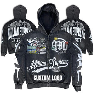 Hoodie à capuche tendance, effet délavé, coupe oversize, personnalisable, style vintage, pour homme, avec fermeture éclair intégrale et imprimé graphique - Product Image 1