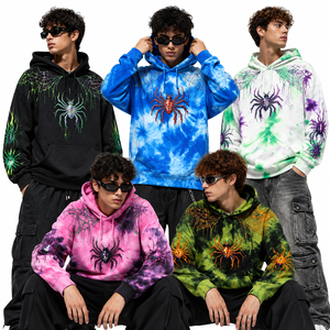เสื้อฮู้ดดี้ลายสไปเดอร์กราฟิกแบบย้อมสีไทได ขายส่ง สไตล์ Y2K โอเวอร์ไซส์ สตรีทแวร์ ผลิตตามสั่ง (OEM) จากซัพพลายเออร์ในสหรัฐอเมริกา รับผลิตจำนวนมาก เสื้อผ้าสำหรับทุกเพศ - Product Image 1