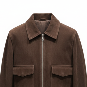 Veste en cuir suédé marron pour homme, style workwear, col rabattu, fermeture éclair, coupe classique, vêtement d'automne, couleur unie - Product Image 1