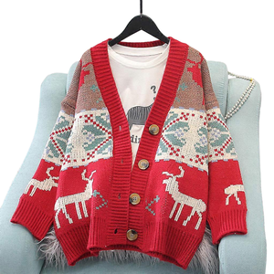 Cárdigan de punto coreano navideño para mujer, 100% lana, forro polar, manga larga, con botones, diseño de reno y copo de nieve, suéter tipo abrigo, muestra gratuita - Product Image 4