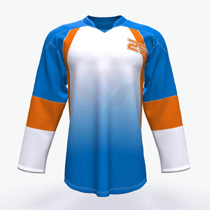เสื้อฮอกกี้น้ำแข็งผู้ชายสีขาว น้ำเงิน น้ำตาล แขนยาว พิมพ์ลายแบบซับลิเมชั่น ผ้าตาข่าย โพลีเอสเตอร์ 100% คอวี ระบายอากาศได้ดี - Product Image 3