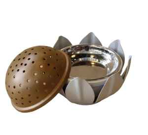 Quemador de Incienso Decorativo con Forma de Loto, Porta Incienso de Metal Azul Grisáceo con Tapa Perforada de Bronce - Product Image 5