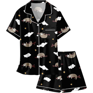 Short Sleeve <b>Pajamas</b> <b>Set</b> With Sloth Print <b>Black</b> Cotton Sleepwear Casual Summer Nightwear 2 Piece Button Front Design - Product Image 1