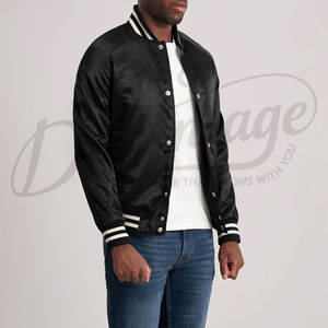 Chaqueta Varsity Negra de Satén para Hombre, Estilo Clásico Letterman, Chaqueta Bomber Casual con Botones a Presión y Ribete Acanalado - Product Image 6