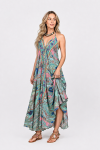 Halter Neck Silk Maxi <b>Dress</b> Multicolor Printed Backless Boho Summer <b>Dress</b> Elegant Beachwear Casual Party <b>Dress</b> Wholesale - Product Image 5