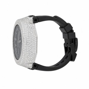 Reloj de lujo con diamantes de imitación para hombre, caja analógica de cuarzo con forma de polígono, banda de goma, esfera negra, bisel de cristal blanco - Product Image 2