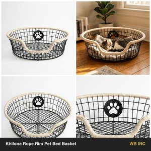 Panier-lit pour animaux fait main 52 cm noir mat en fil de fer galvanisé avec bordure en corde Khilona et entrée frontale basse pour la décoration intérieure, les hôtels et les mariages - Product Image 5
