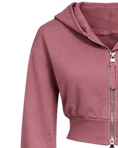 Sudadera con capucha corta para mujer, color rosa empolvado, con cremallera, corte ajustado, manga larga, estilo casual urbano, forro polar, logotipo personalizado, ODM - Product Image 3
